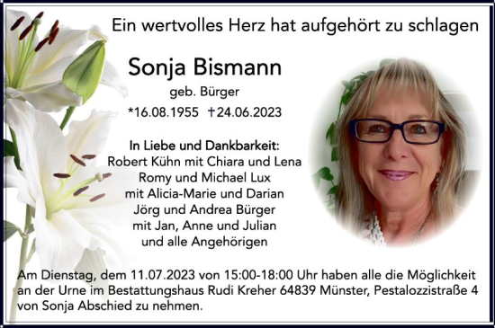 Traueranzeige von Sonja Bismann von Dieburger Anzeiger/Groß-Zimmerner Lokal-Anzeiger