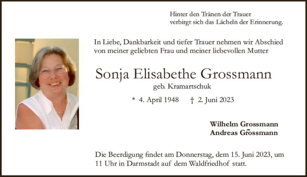  Traueranzeige für Sonja Elisabethe Grossmann vom 10.06.2023 aus Odenwälder Echo