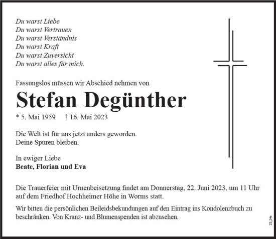 Traueranzeige von Stefan Degünther von Wormser Zeitung