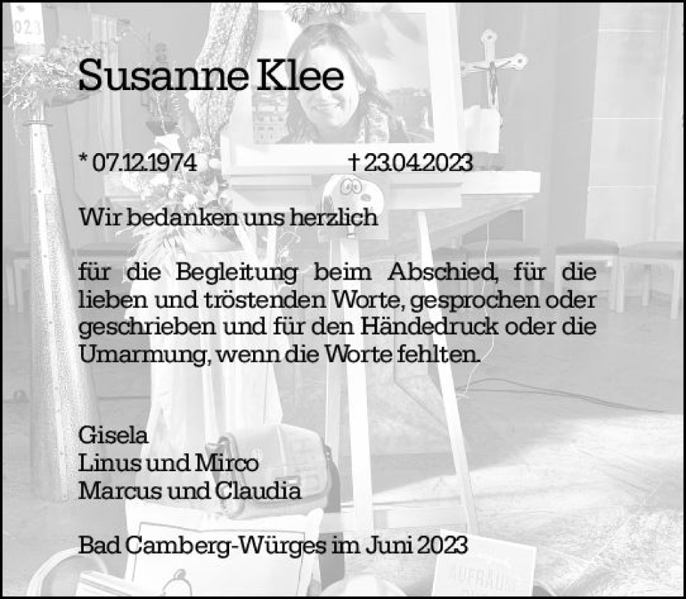  Traueranzeige für Susanne Klee vom 09.06.2023 aus Camberger Anzeiger