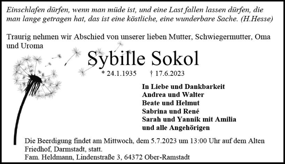  Traueranzeige für Sybille Sokol vom 24.06.2023 aus Darmstädter Echo