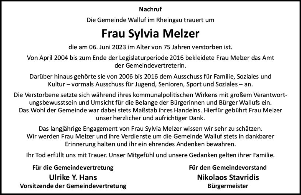  Traueranzeige für Sylvia Melzer vom 21.06.2023 aus Rheingau Kurier