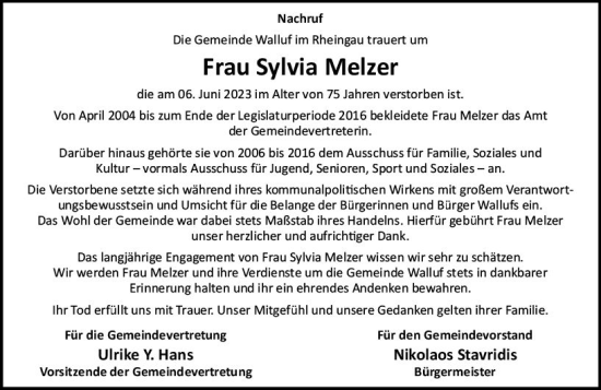 Traueranzeige von Sylvia Melzer von Rheingau Kurier