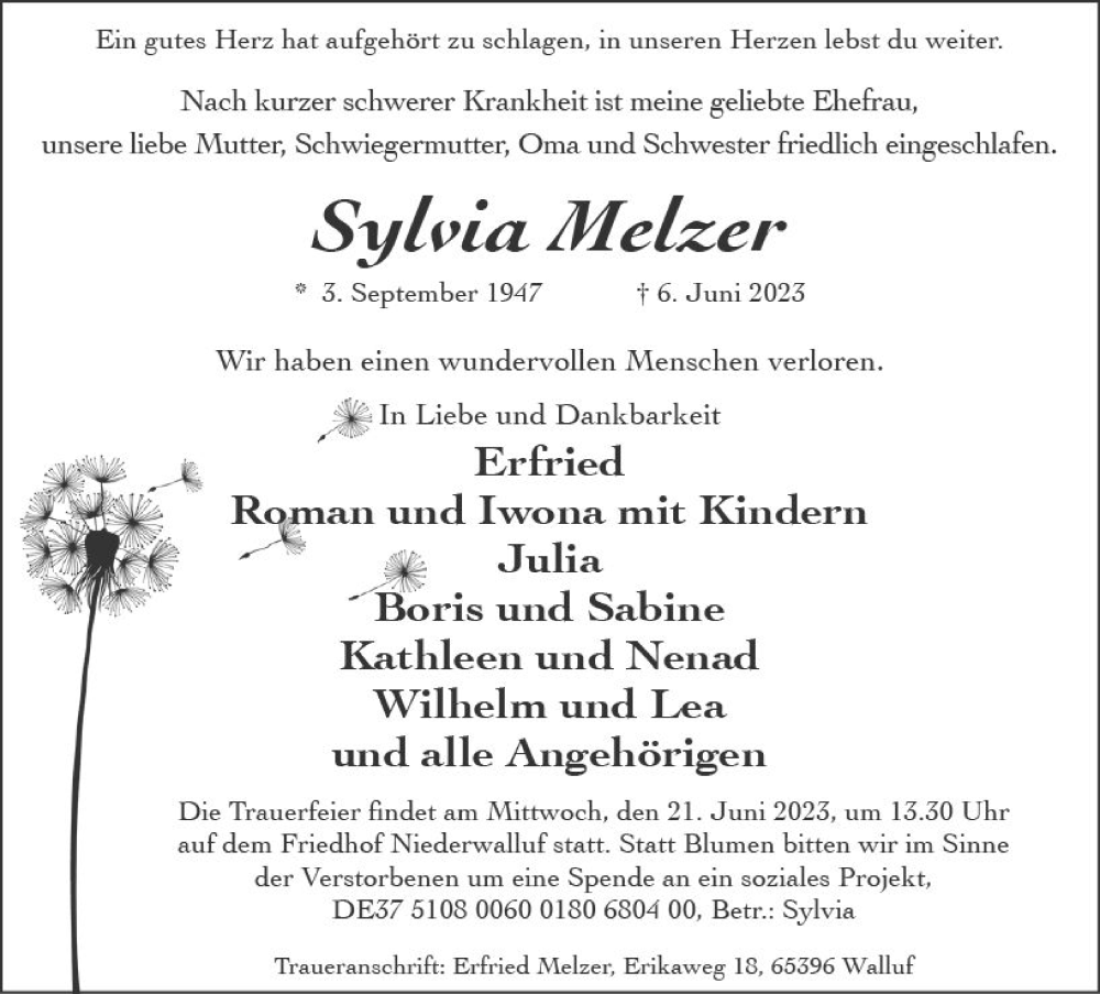  Traueranzeige für Sylvia Melzer vom 17.06.2023 aus Wiesbadener Kurier