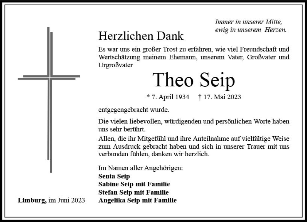  Traueranzeige für Theo Seip vom 24.06.2023 aus Nassauische Neue Presse