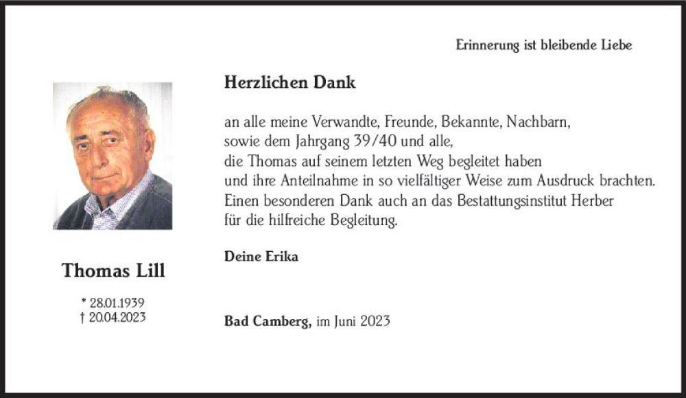 Traueranzeige für Thomas Lill vom 15.06.2023 aus Camberger Anzeiger