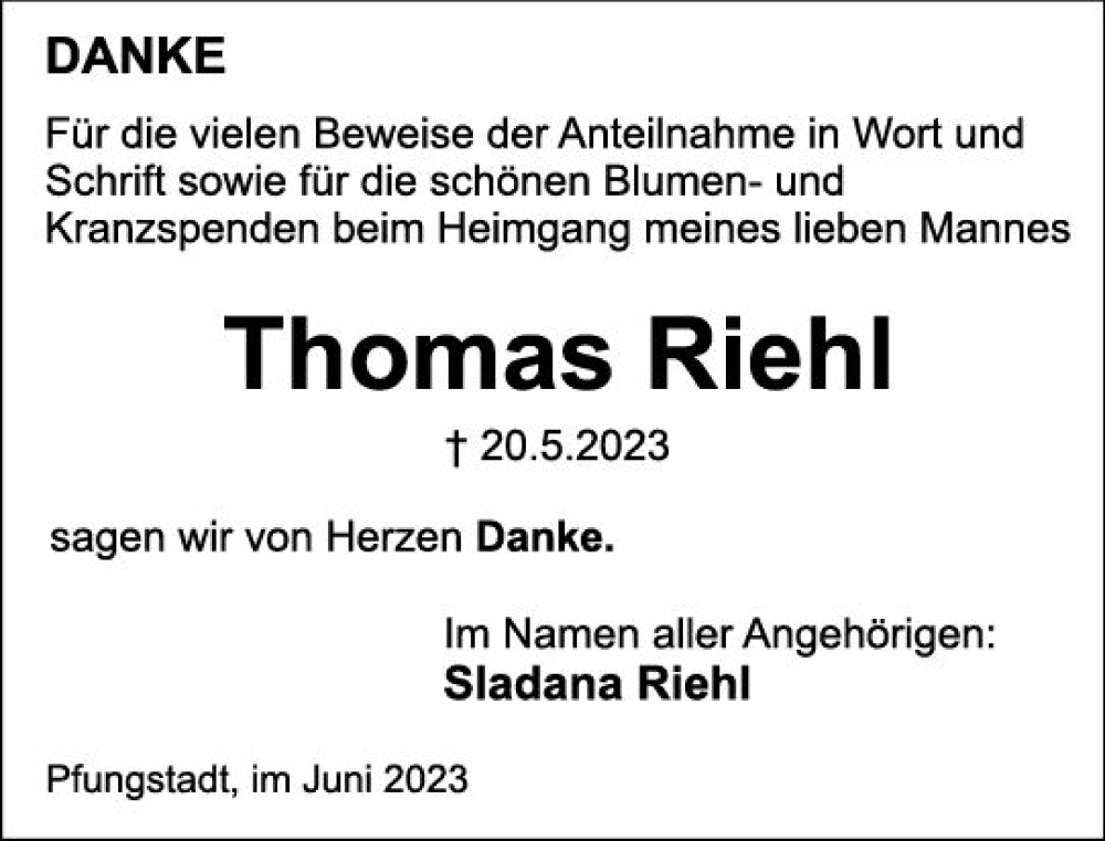  Traueranzeige für Thomas Riehl vom 10.06.2023 aus Darmstädter Echo