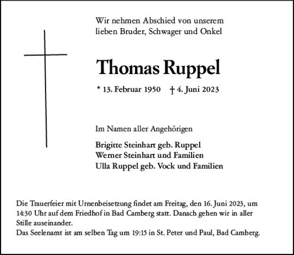  Traueranzeige für Thomas Ruppel vom 09.06.2023 aus Nassauische Neue Presse