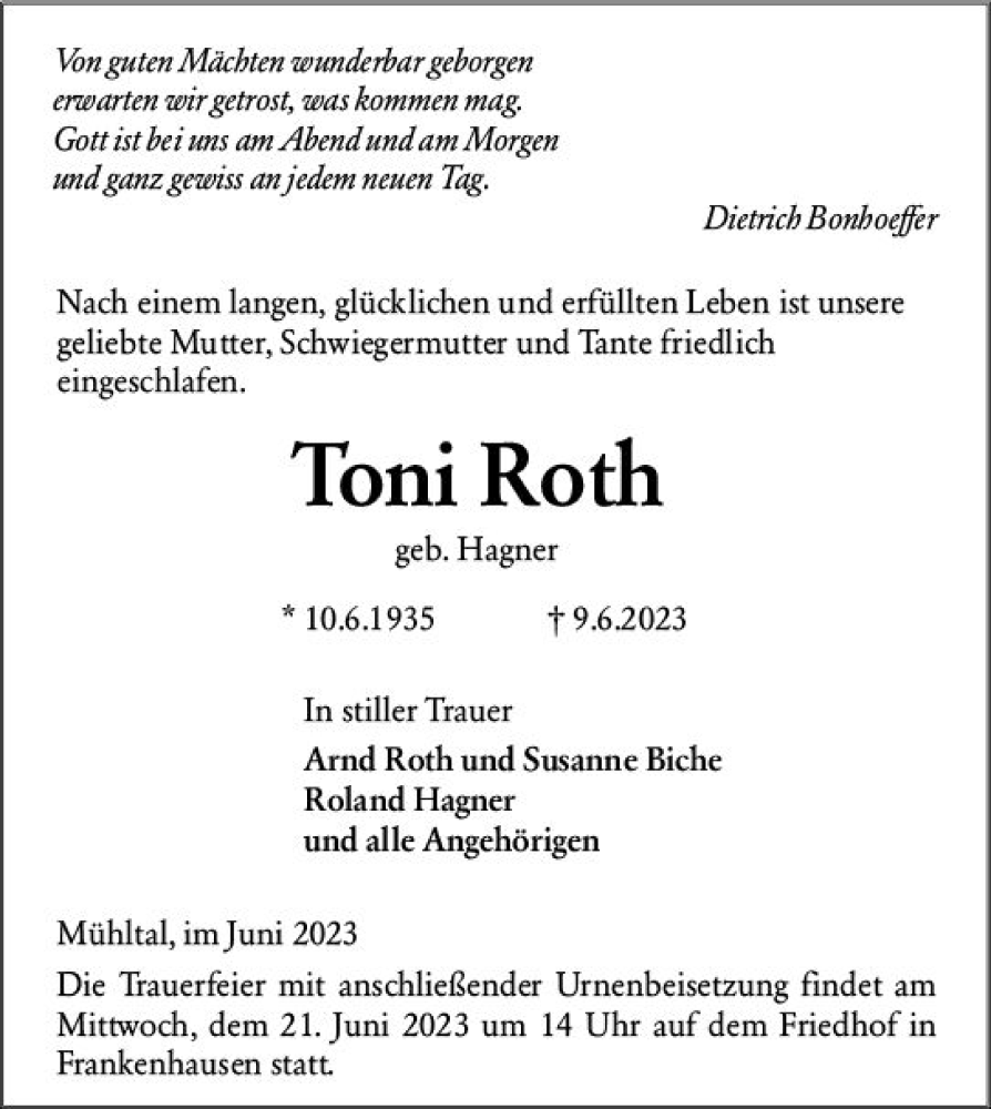  Traueranzeige für Toni Roth vom 17.06.2023 aus Darmstädter Echo