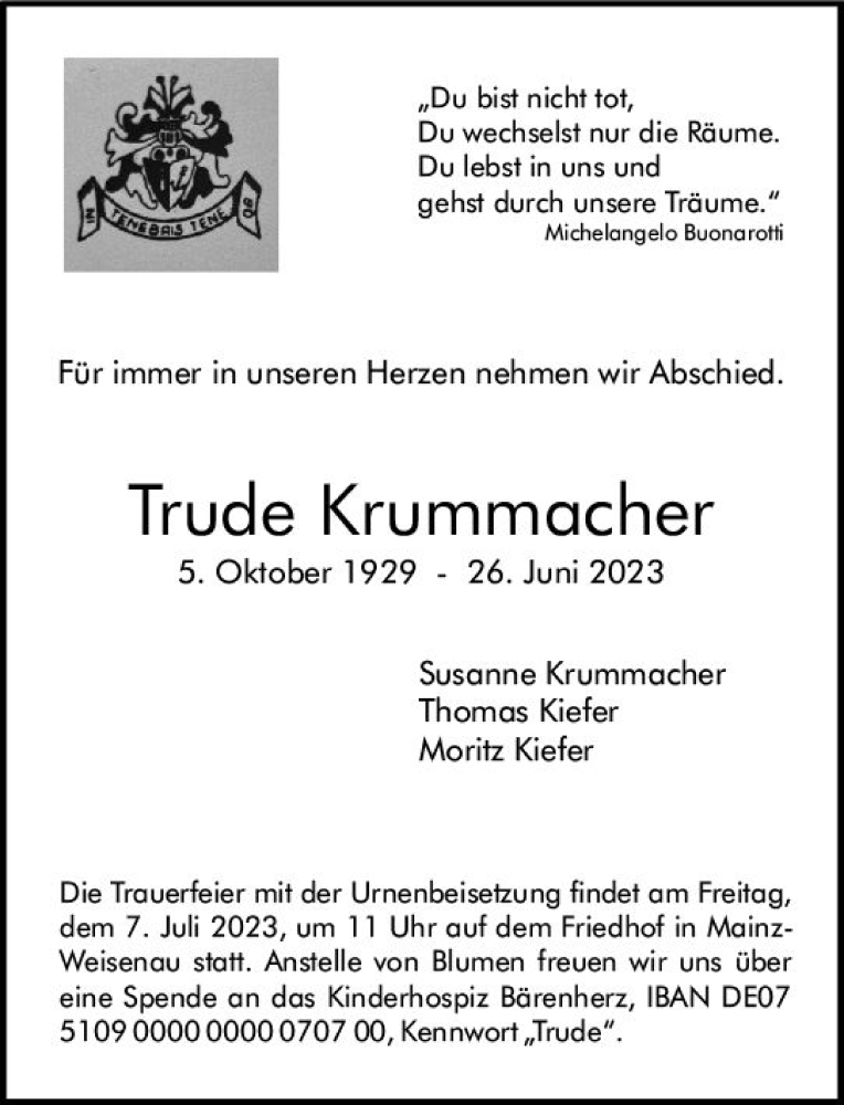  Traueranzeige für Trude Krummacher vom 01.07.2023 aus Allgemeine Zeitung Mainz