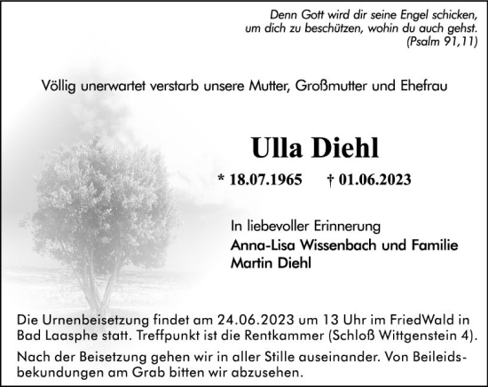 Traueranzeige von Ulla Diehl von Hinterländer Anzeiger
