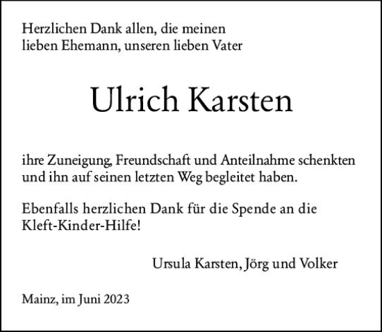 Traueranzeige von Ulrich Karsten von Allgemeine Zeitung Mainz