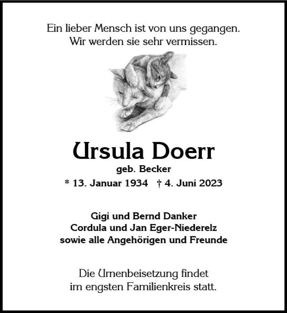  Traueranzeige für Ursula Doerr vom 17.06.2023 aus Wiesbadener Kurier