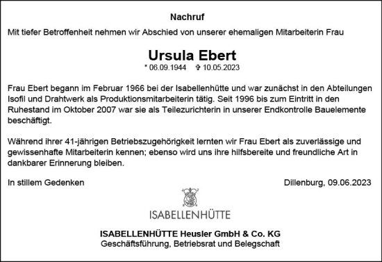 Traueranzeige von Ursula Ebert von Dill Block