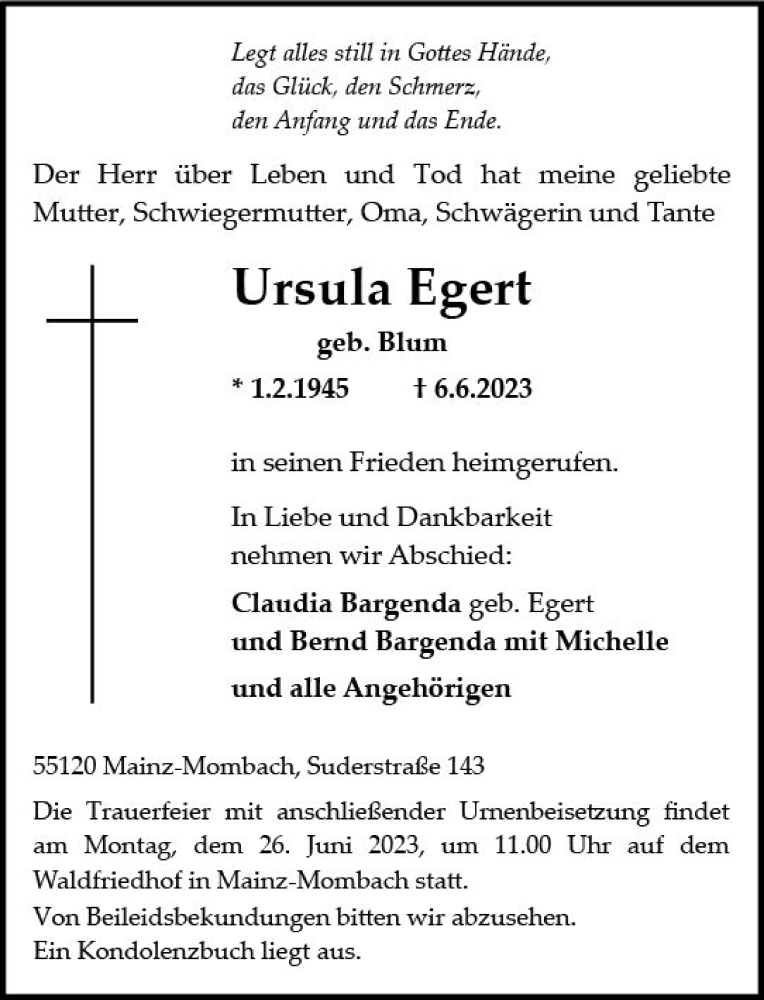  Traueranzeige für Ursula Egert vom 17.06.2023 aus Allgemeine Zeitung Mainz