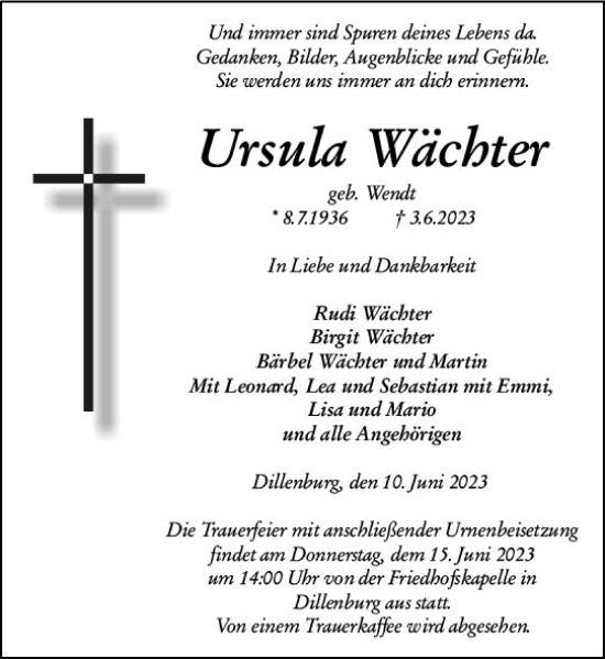 Traueranzeige von Ursula Wächter von Dill Block