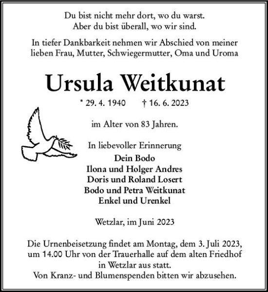 Traueranzeige von Ursula Weitkunat von Wetzlarer Neue Zeitung