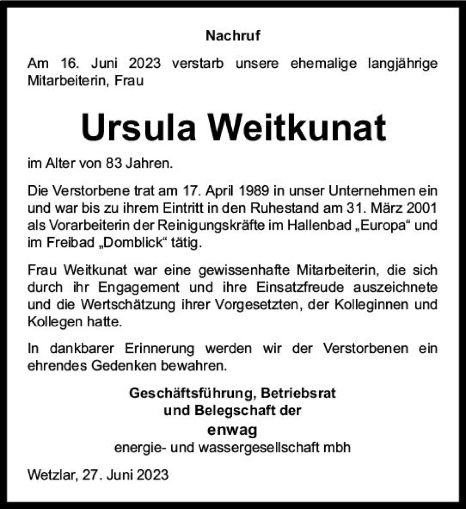  Traueranzeige für Ursula Weitkunat vom 29.06.2023 aus Wetzlarer Neue Zeitung