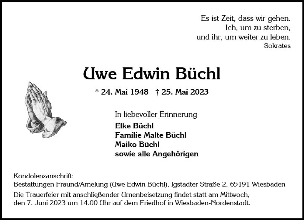  Traueranzeige für Uwe Edwin Büchl vom 03.06.2023 aus Wiesbadener Kurier