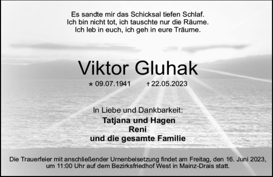 Traueranzeige von Viktor Gluhak von Allgemeine Zeitung Mainz