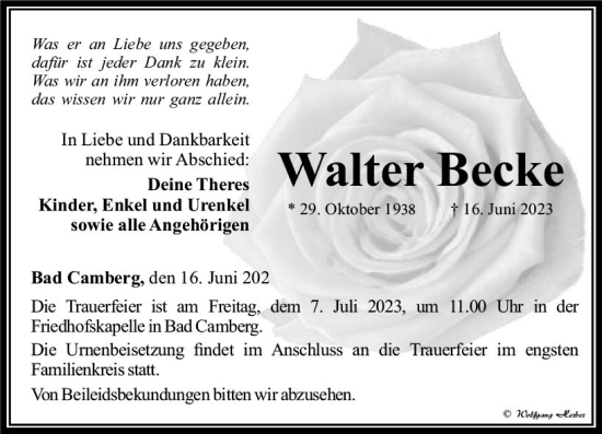 Traueranzeige von Walter Becke von Camberger Anzeiger