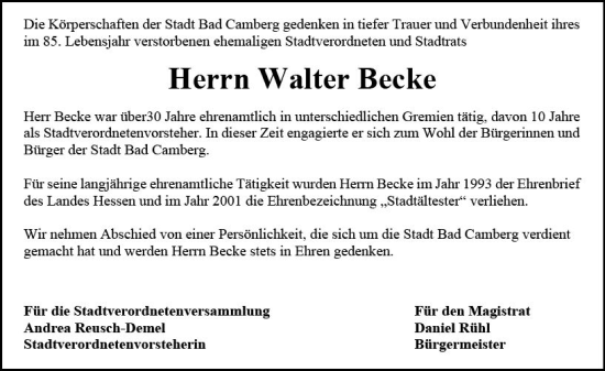 Traueranzeige von Walter Becke von Camberger Anzeiger