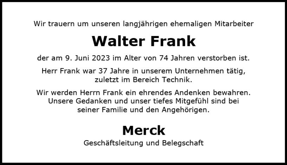  Traueranzeige für Walter Frank vom 29.06.2023 aus Darmstädter Echo