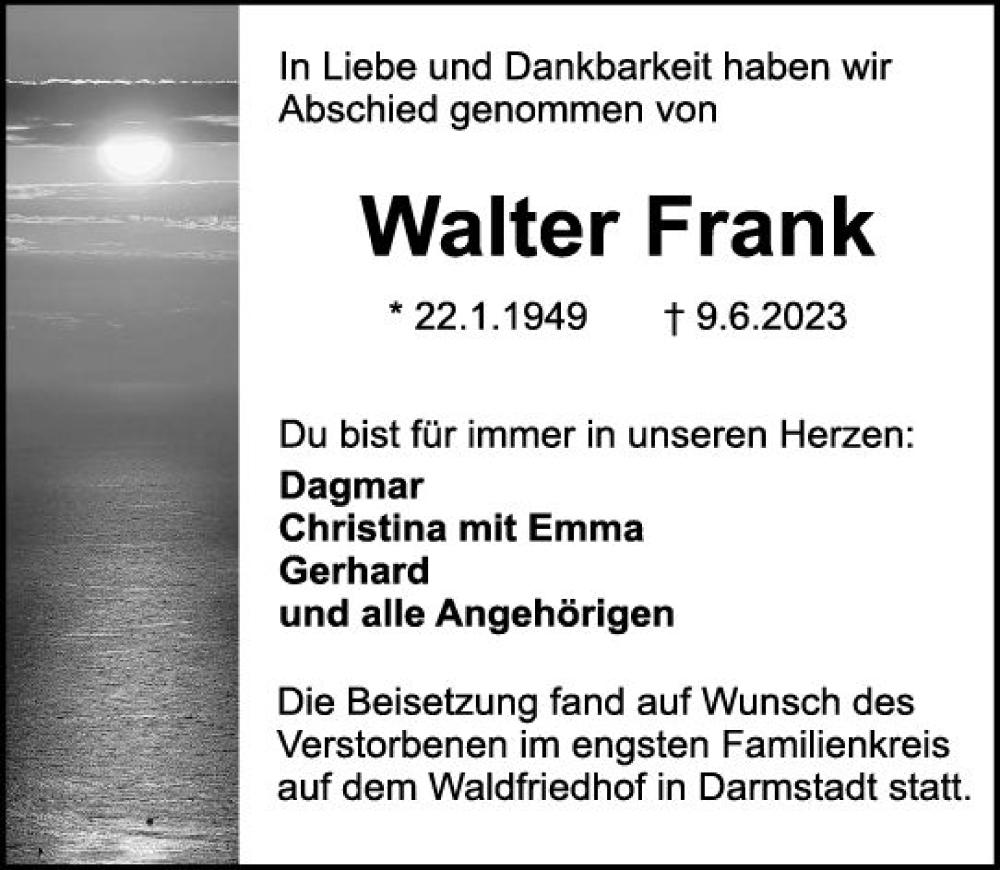  Traueranzeige für Walter Frank vom 01.07.2023 aus Darmstädter Echo