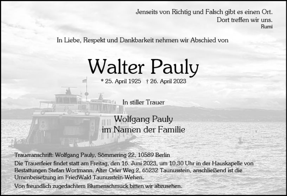  Traueranzeige für Walter Pauly vom 03.06.2023 aus Idsteiner Land/Untertaunus