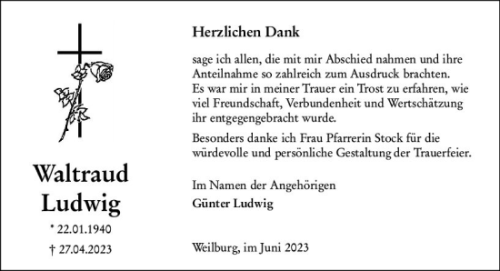 Traueranzeige von Waltraud Ludwig von Weilburger Tageblatt
