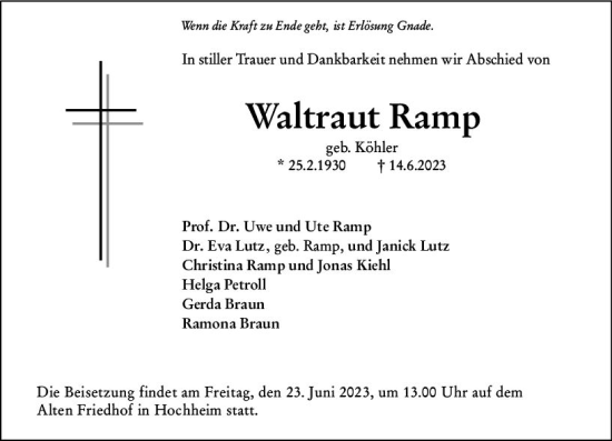 Traueranzeige von Waltraut Ramp von Hochheimer Zeitung