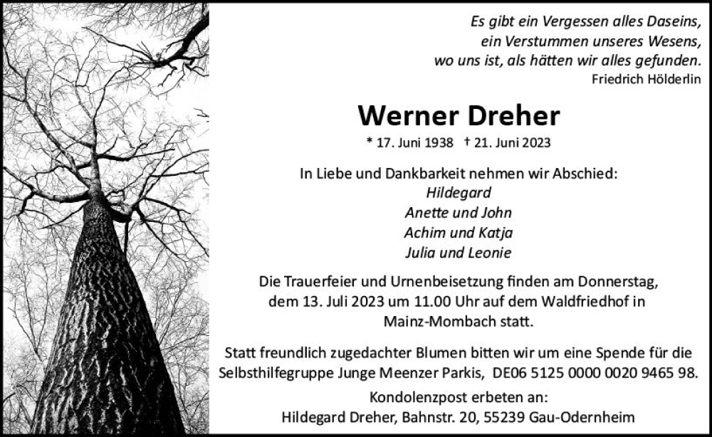  Traueranzeige für Werner Dreher vom 01.07.2023 aus Allgemeine Zeitung Mainz
