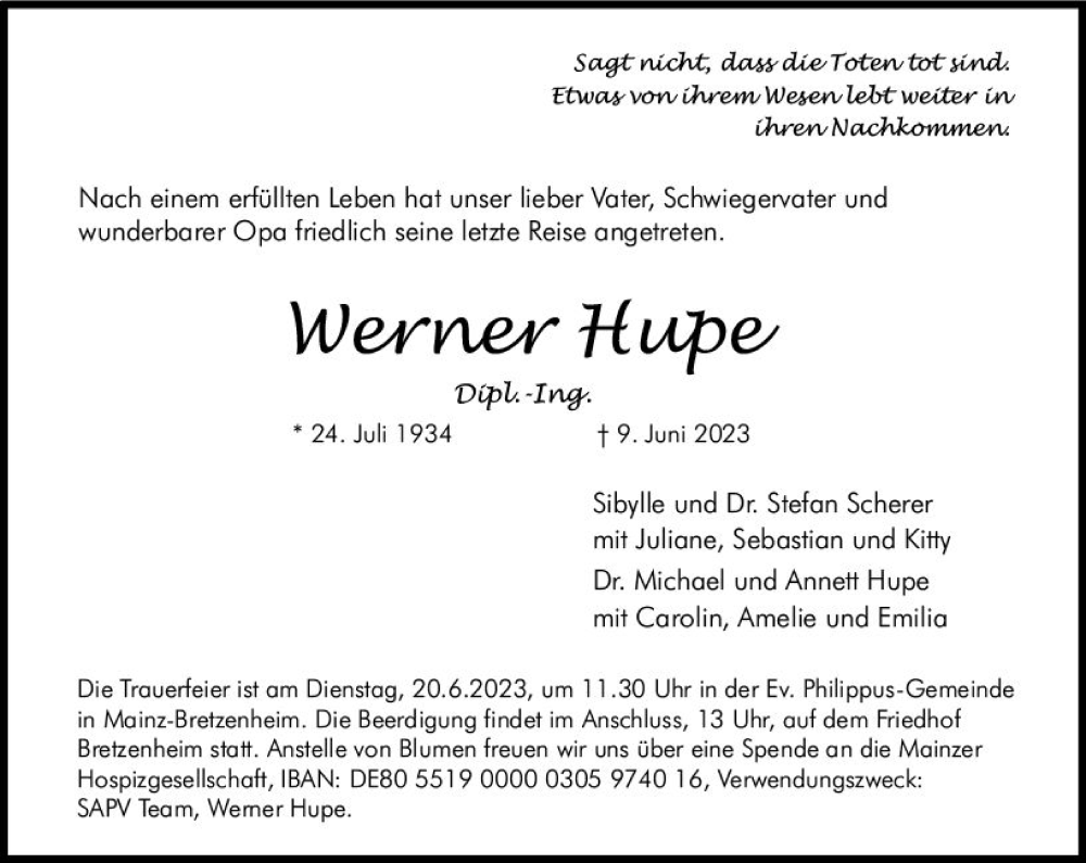  Traueranzeige für Werner Hupe vom 17.06.2023 aus Allgemeine Zeitung Mainz
