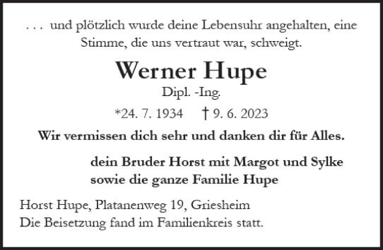 Traueranzeige von Werner Hupe von Darmstädter Echo