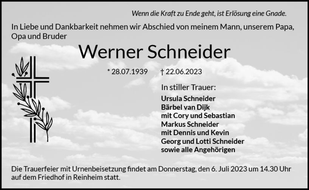  Traueranzeige für Werner Schneider vom 01.07.2023 aus Darmstädter Echo