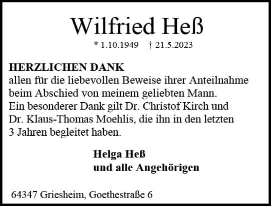Traueranzeige von Wilfried Heß von Darmstädter Echo