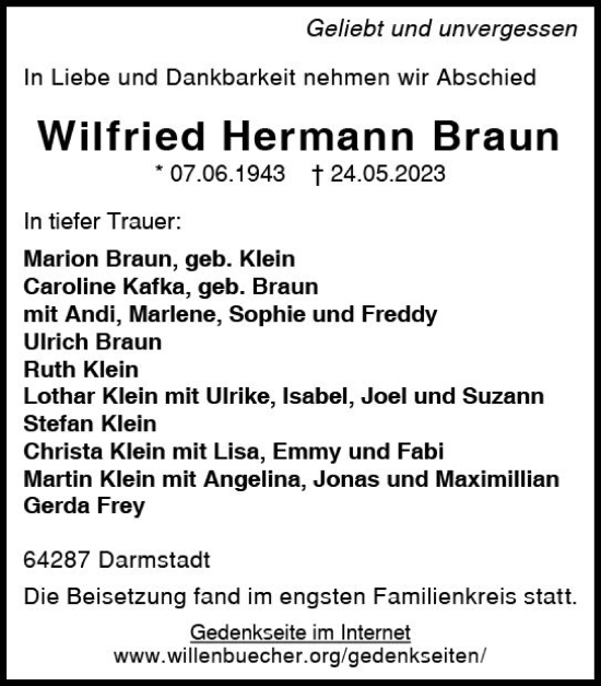 Traueranzeige von Wilfried Hermann Braun von Darmstädter Echo