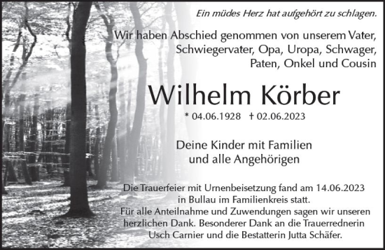 Traueranzeige von Wilhelm Körber von Odenwälder Echo