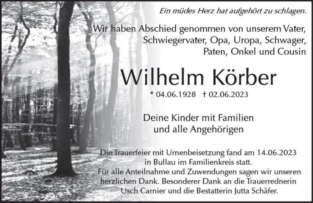  Traueranzeige für Wilhelm Körber vom 24.06.2023 aus Odenwälder Echo