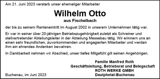 Traueranzeige von Wilhelm Otto von Hinterländer Anzeiger