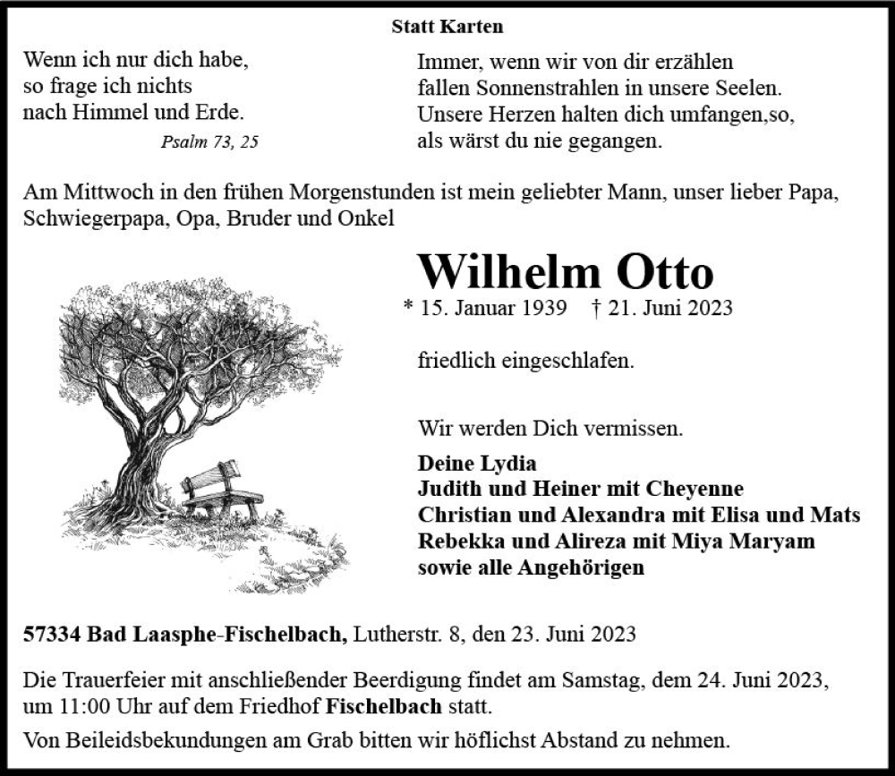  Traueranzeige für Wilhelm Otto vom 23.06.2023 aus Hinterländer Anzeiger