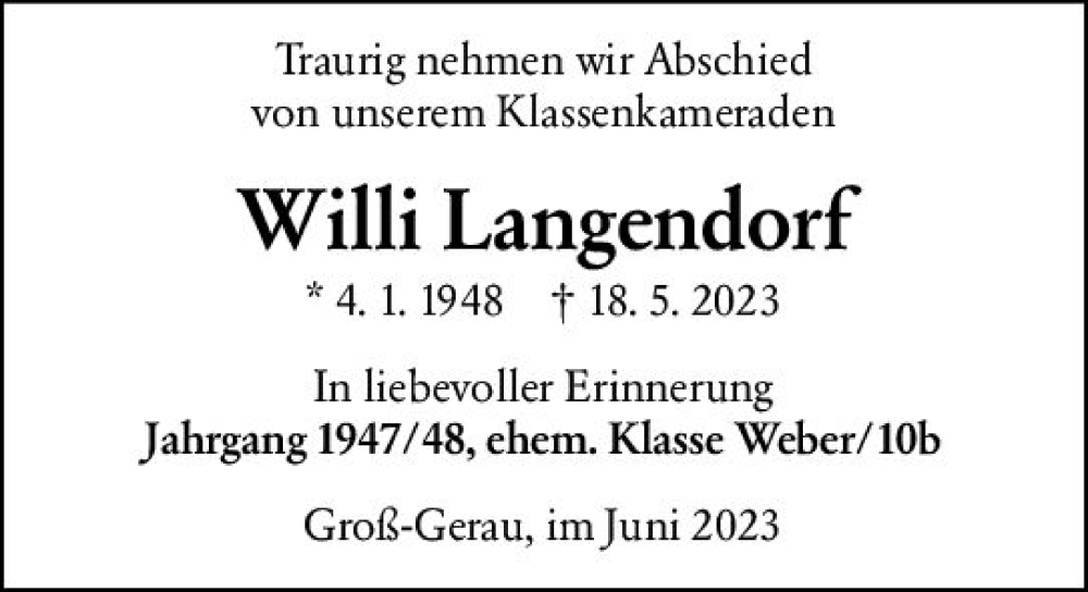  Traueranzeige für Willi Langendorf vom 01.06.2023 aus Groß-Gerauer Echo