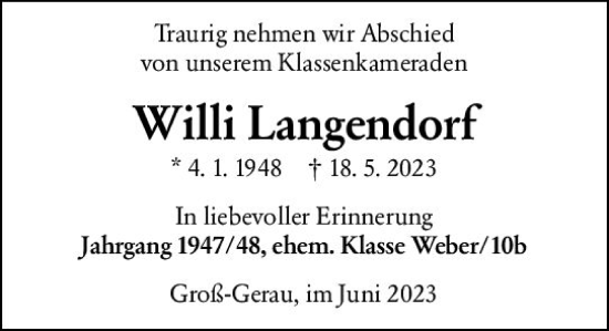 Traueranzeige von Willi Langendorf von Groß-Gerauer Echo