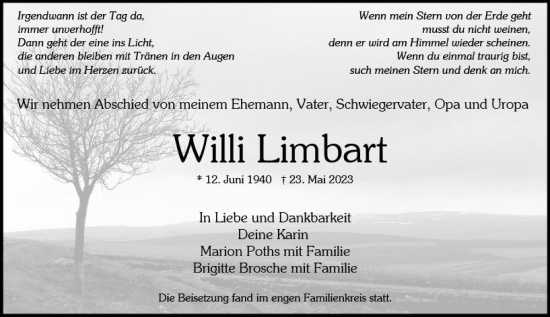 Traueranzeige von Willi Limbart von Wiesbadener Kurier