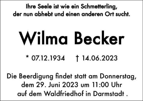 Traueranzeige von Wilma Becker von Darmstädter Echo
