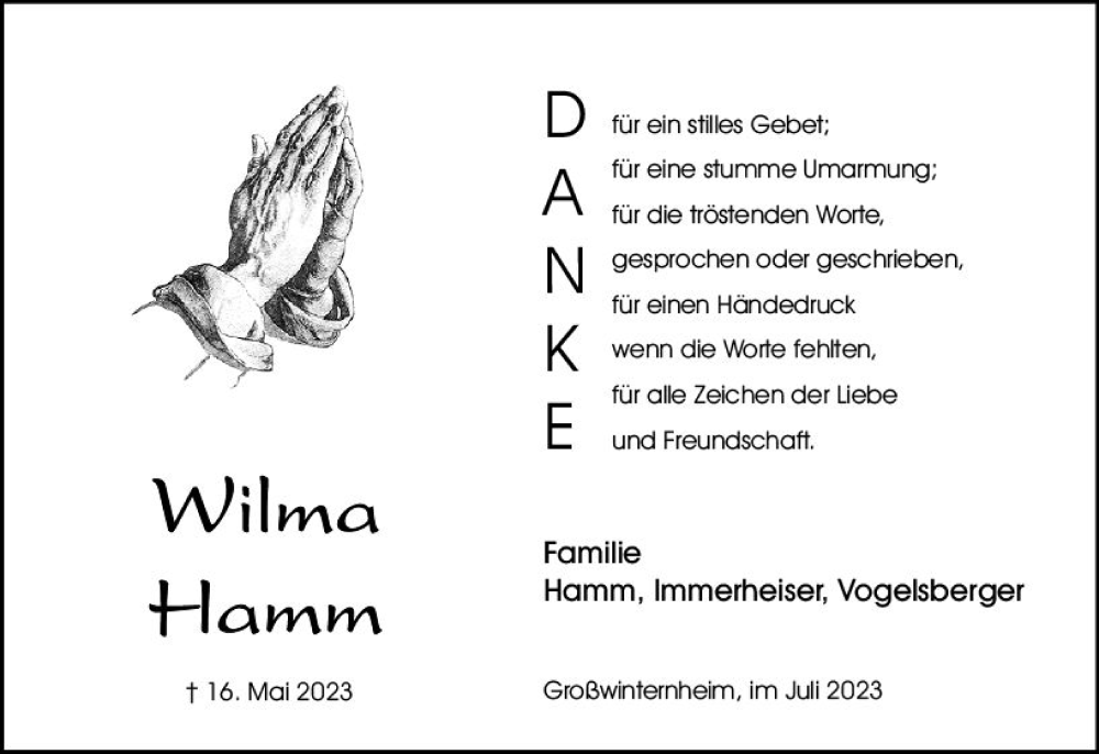  Traueranzeige für Wilma Hamm vom 01.07.2023 aus Allgemeine Zeitung Bingen/Ingelheim