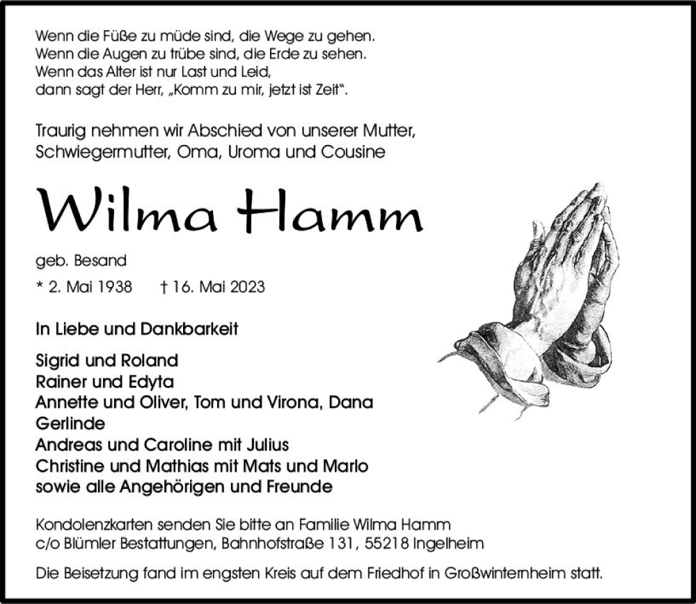  Traueranzeige für Wilma Hamm vom 10.06.2023 aus Allgemeine Zeitung Bingen/Ingelheim