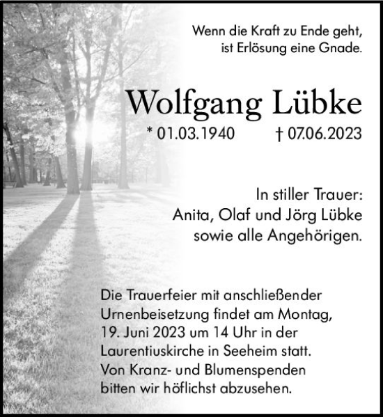 Traueranzeige von Wolfgang Lübke von Darmstädter Echo