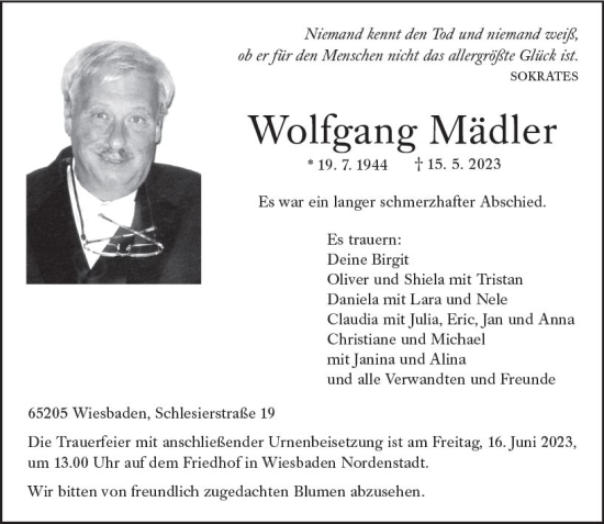 Traueranzeige von Wolfgang Mädler von Wiesbadener Kurier