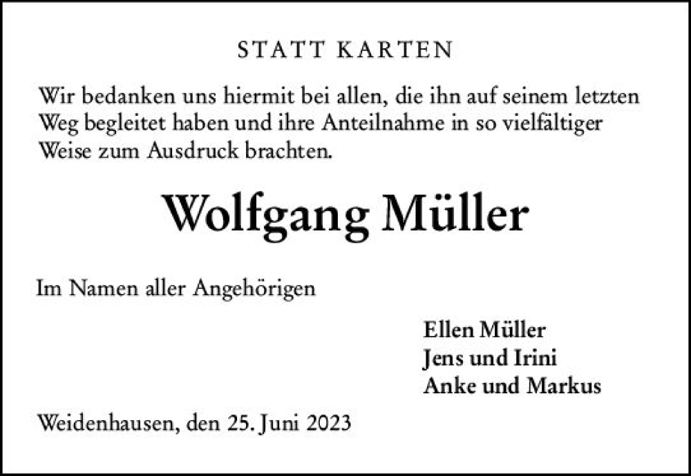  Traueranzeige für Wolfgang Müller vom 30.06.2023 aus Hinterländer Anzeiger